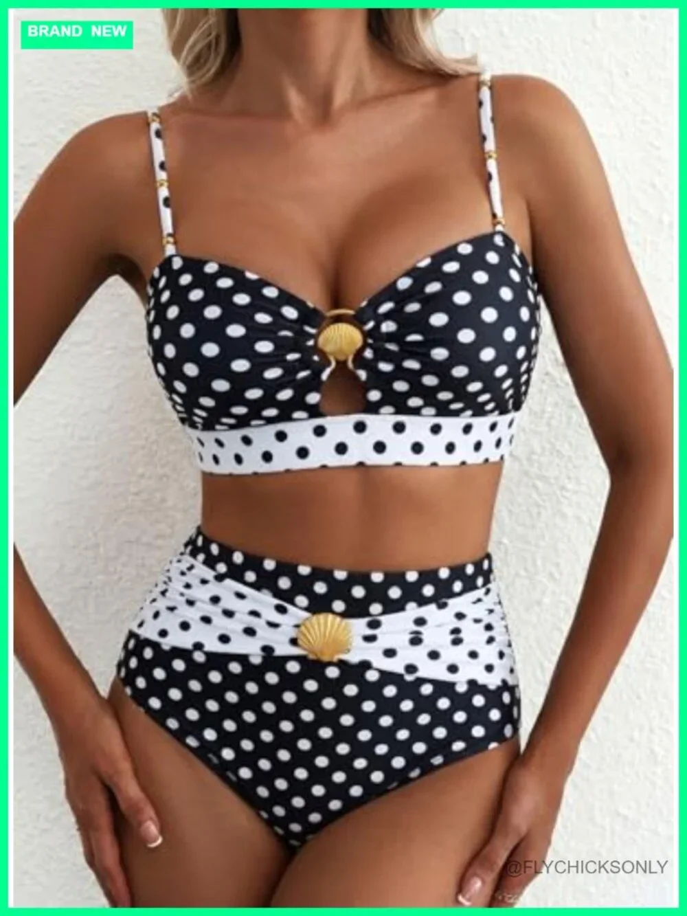 Women's High Waisted Bikini Set with Seashell Ring, Ruched Push Up Top